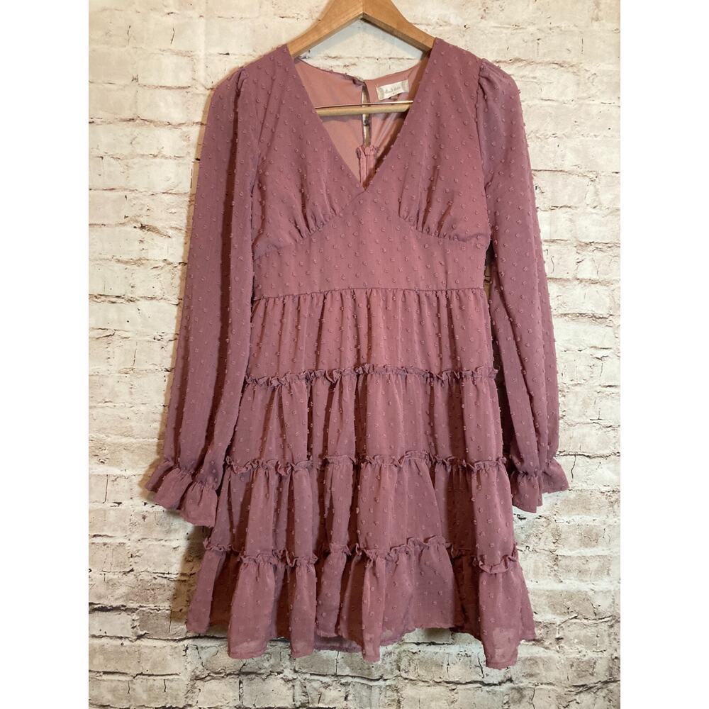 Altar'd State Mauve Pink Swiss Dot Tiered Midi Dress